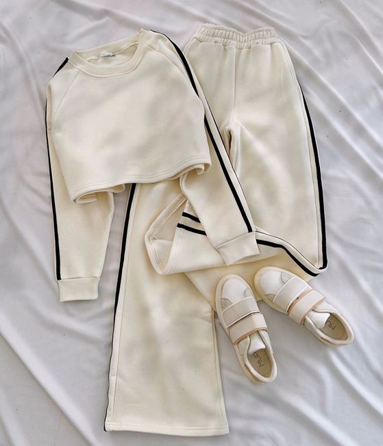 Bej Şeritli 3 İplik Eşofman Takımı