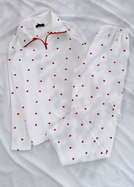 Beyaz Küçük Kalp Desen Waffle Kumaş Pijama Takımı
