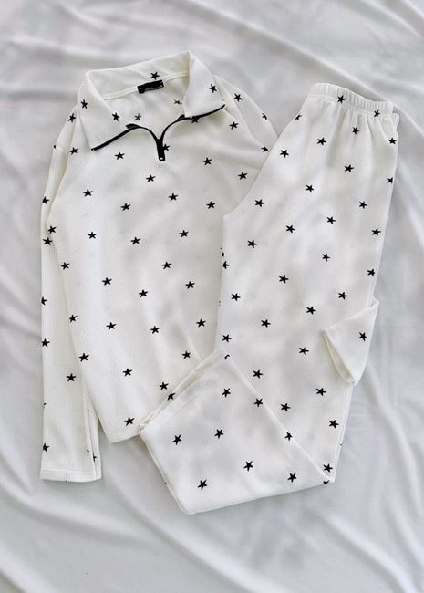 Beyaz Yıldız Desen Waffle Kumaş Pijama Takımı