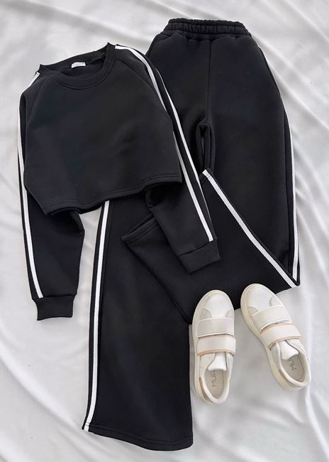 Siyah Şeritli 3 İplik Eşofman Takım