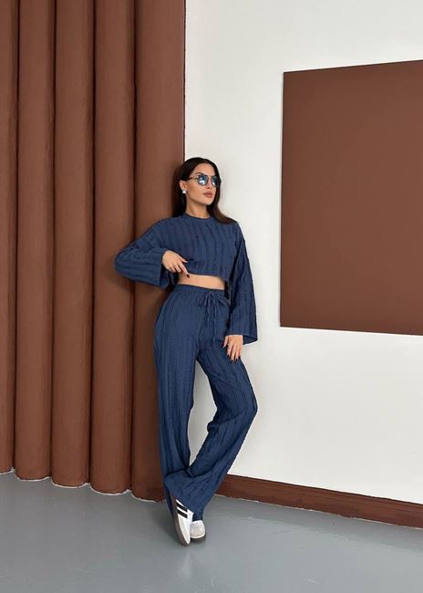 Mavi Dokulu Volan Kol Crop Takım