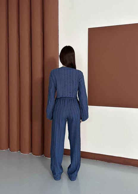 Mavi Dokulu Volan Kol Crop Takım