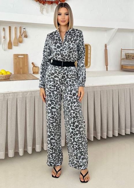 Gri Leopar Desen Ceket Pantolon Takım