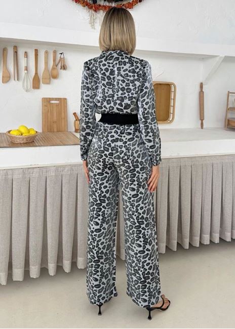 Gri Leopar Desen Ceket Pantolon Takım