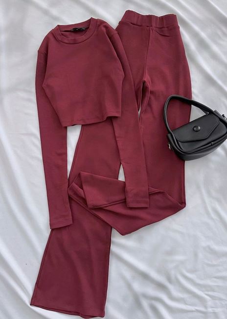 Bordo Parmak Detay Basic Crop Takım