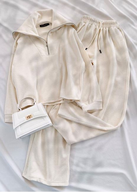 Bej Yaka Fermuarlı Eşofman Takımı