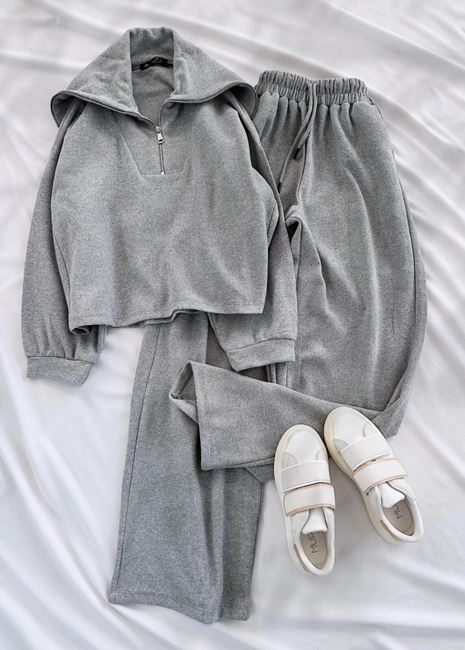 Gri Yaka Fermuarlı Eşofman Takımı