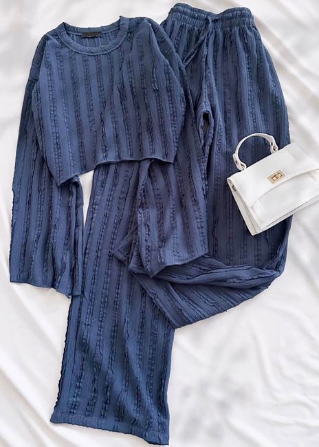 Mavi Dokulu Volan Kol Crop Takım