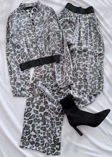 Gri Leopar Desen Ceket Pantolon Takım