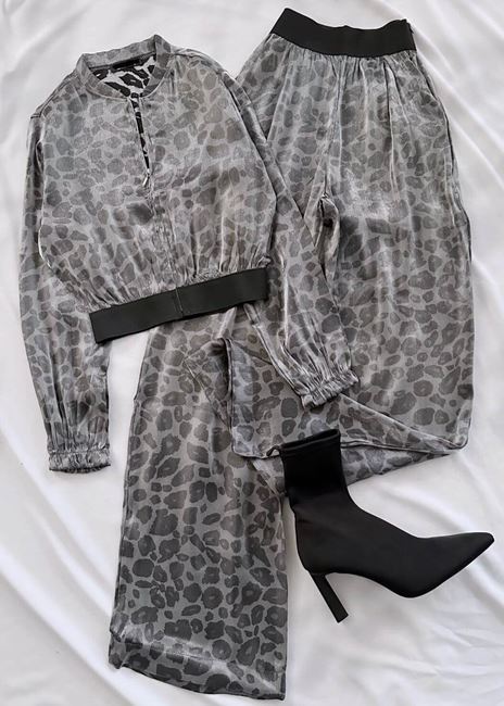 Antrasit Leopar Desen Ceket Pantolon Takım