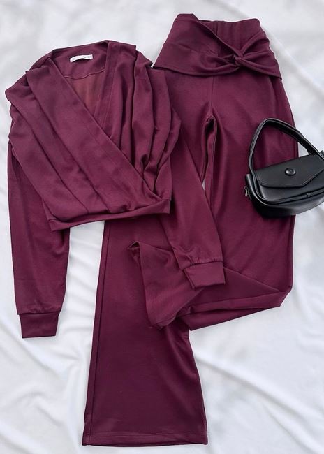 Bordo Kruvaze Bluz Sandy Takım