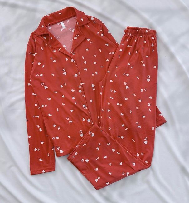 Kırmızı Kalp Desen Modal Pijama Takımı
