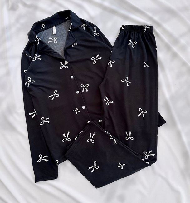 Siyah Fiyonk Desen Modal Pijama Takımı