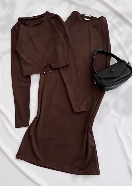 Kahverengi Bel Toka Detay Sandy Etek Takım