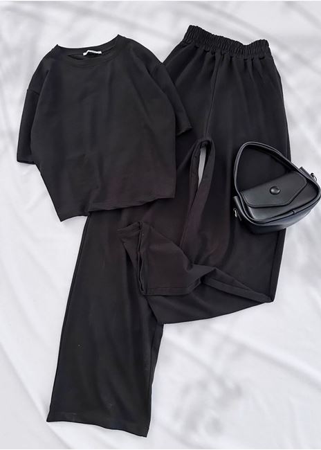 Siyah Basic Crop Bisiklet Yaka Takım