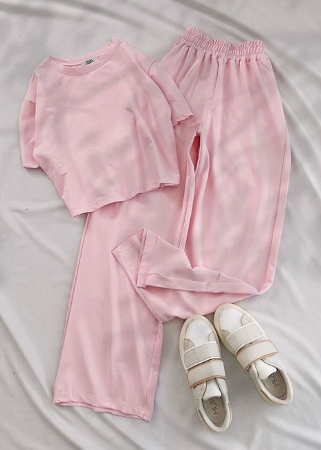 Pembe Basic Crop Bisiklet Yaka Takım