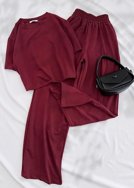 Bordo Basic Crop Bisiklet Yaka Takım