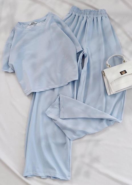 Mavi Basic Crop Bisiklet Yaka Takım