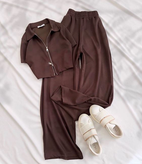 Kahverengi Çift Fermuar Detay Oysh Takım