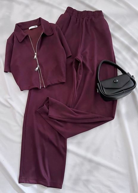 Bordo Çift Fermuar Detay Oysh Takım