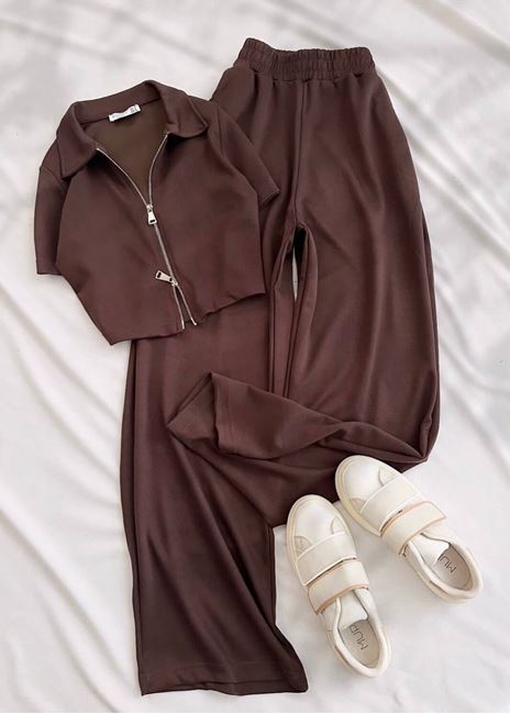 Kahverengi Çift Fermuar Detay Oysh Takım