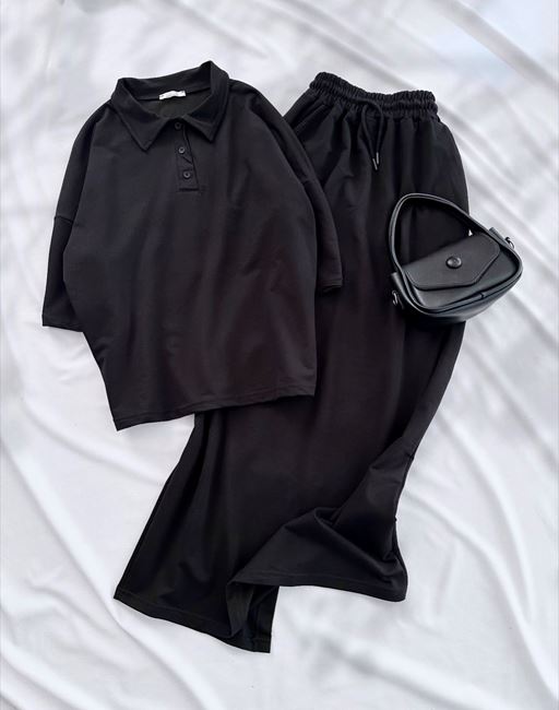 Siyah Polo Yaka Detay Etek Basic Takım