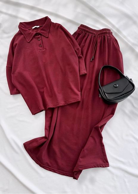Bordo Polo Yaka Detay Etek Basic Takım
