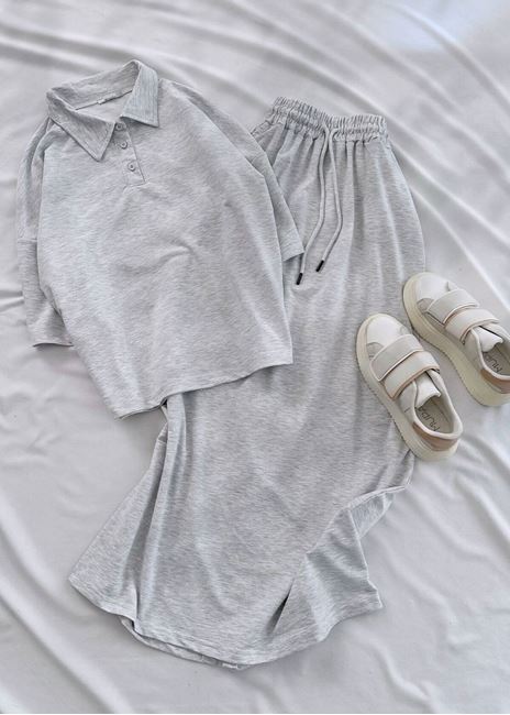 Gri Polo Yaka Detay Etek Basic Takım
