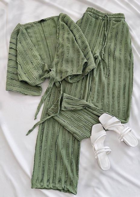 Yeşil Bağlama Detay Dokuma Pantolon Takım