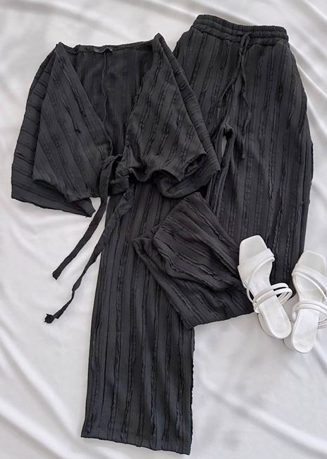 Siyah Bağlama Detay Dokuma Pantolon Takım