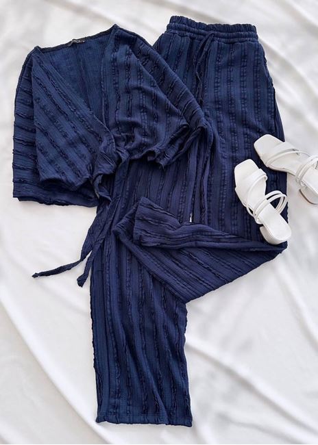 Lacivert Bağlama Detay Dokuma Pantolon Takım