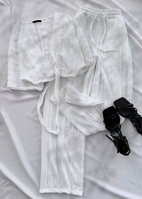 Beyaz Bağlama Detay Dokuma Pantolon Takım