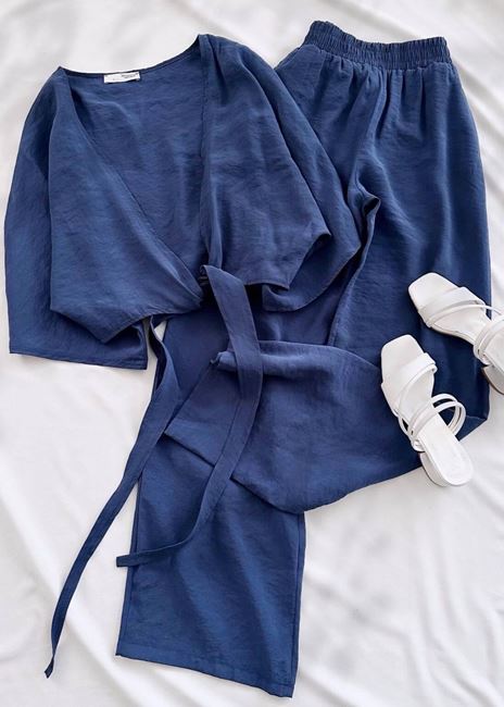 Lacivert YS Tensel Kumaş Bel Bağlama Detay Takım