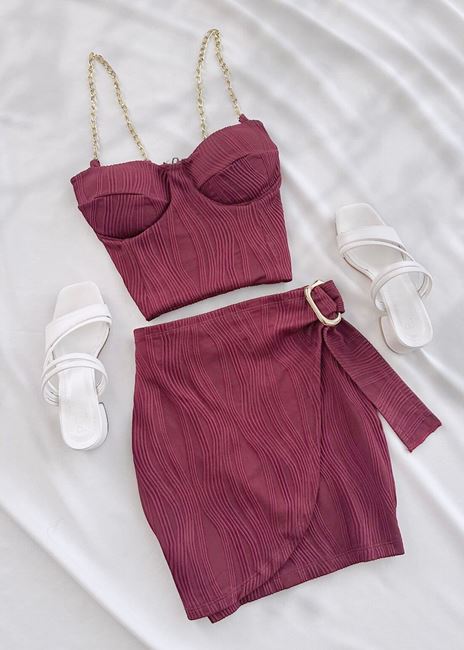 Bordo Gloplu YS Crop Etek Takım