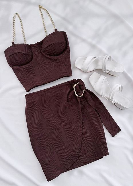 Kahverengi Gloplu YS Crop Etek Takım