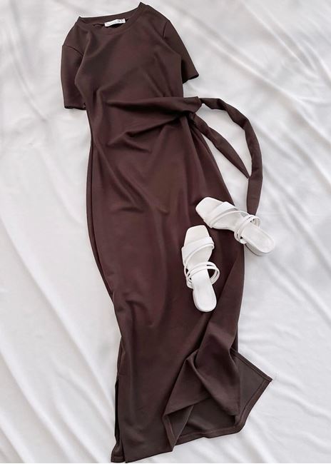 Kahverengi Kuşak Detay Modal Elbise