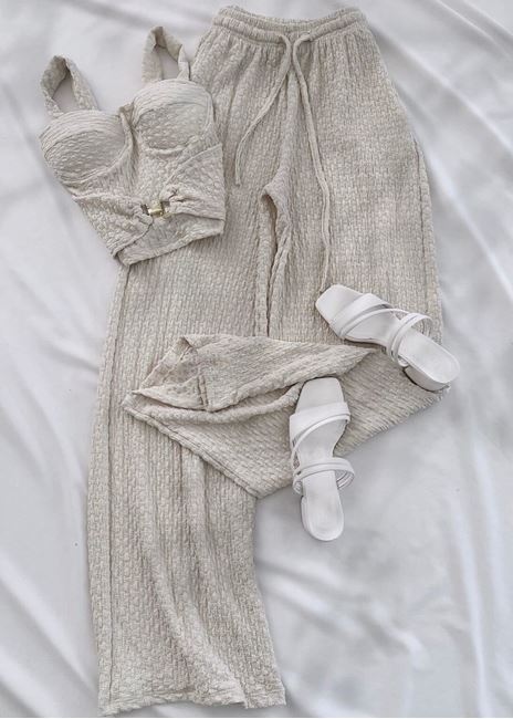 Bej Bubble Kumaş Tokalı Glop Takım