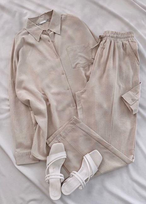 Bej Keten Gömlek Pantolon Takım