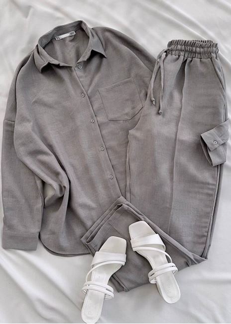 Gri Keten Gömlek Pantolon Takım