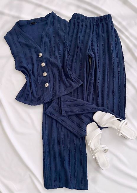 Lacivert Dokulu Yelek Pantolon Takım