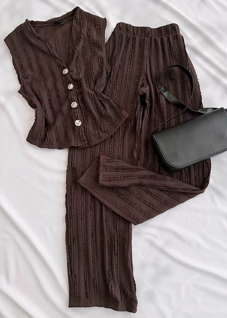 Kahverengi Dokulu Yelek Pantolon Takım