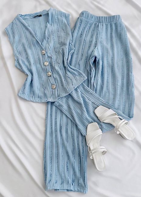 Mavi Dokulu Yelek Pantolon Takım