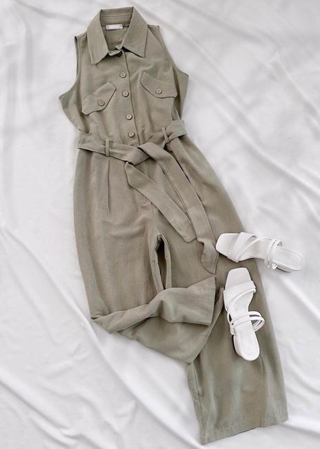 Yeşil Keten Düğmeli Tulum