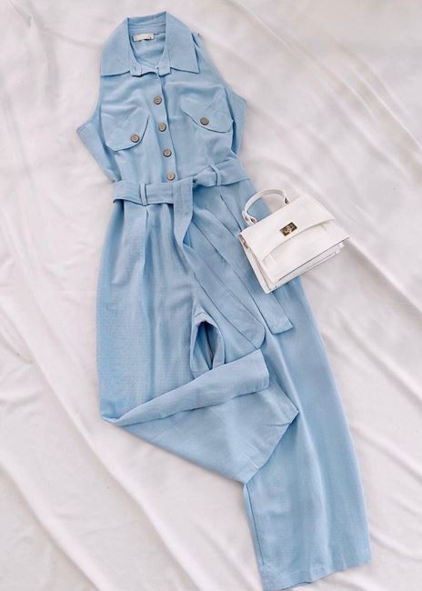 Mavi Keten Düğmeli Tulum