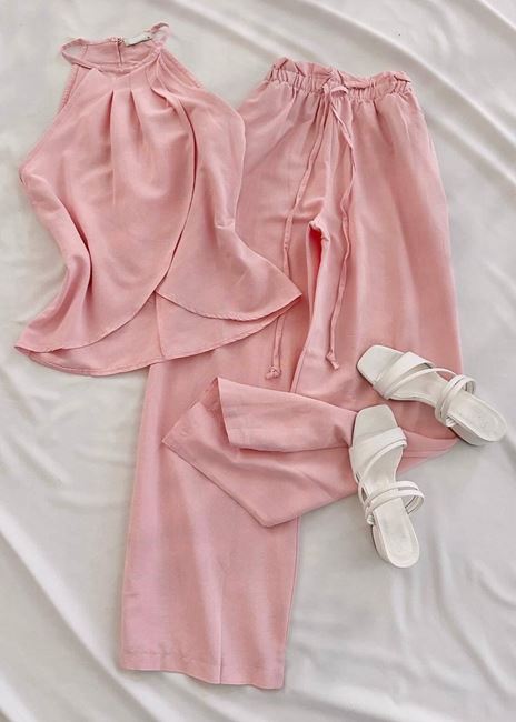 Pembe Ön Kruvaze Detay Keten Pantolon Takım