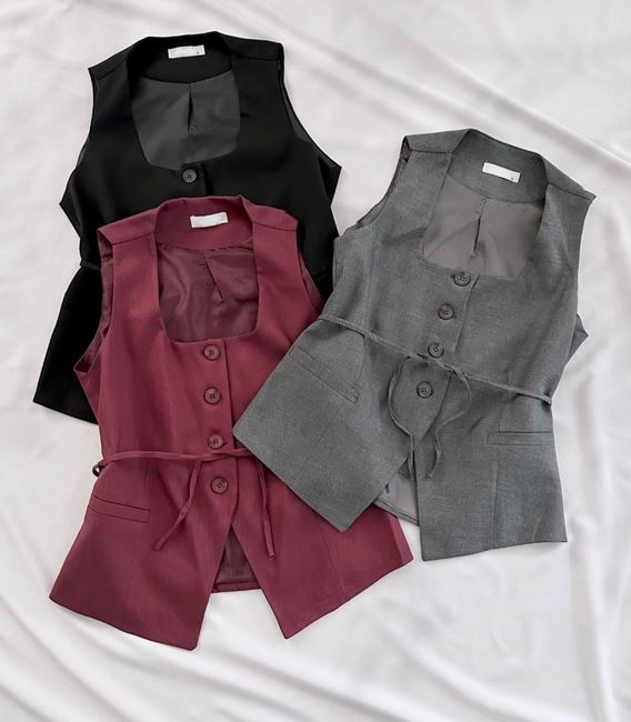 Bordo Ön Bağlama Detay Keten Yelek