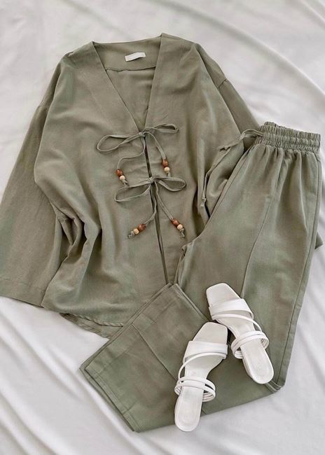 Yeşil Kimono Keten Takım