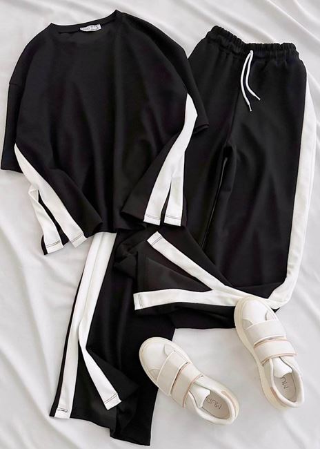 Siyah Şerit Modal Yırtmaç Detay Takım