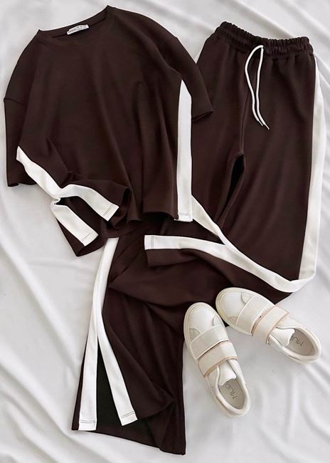 Kahverengi Şerit Modal Yırtmaç Detay Takım