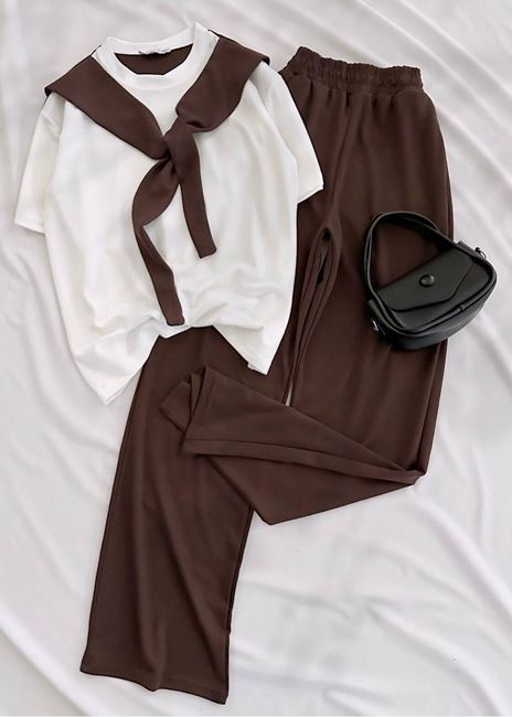 Kahverengi Atkı Detay Modal Takım